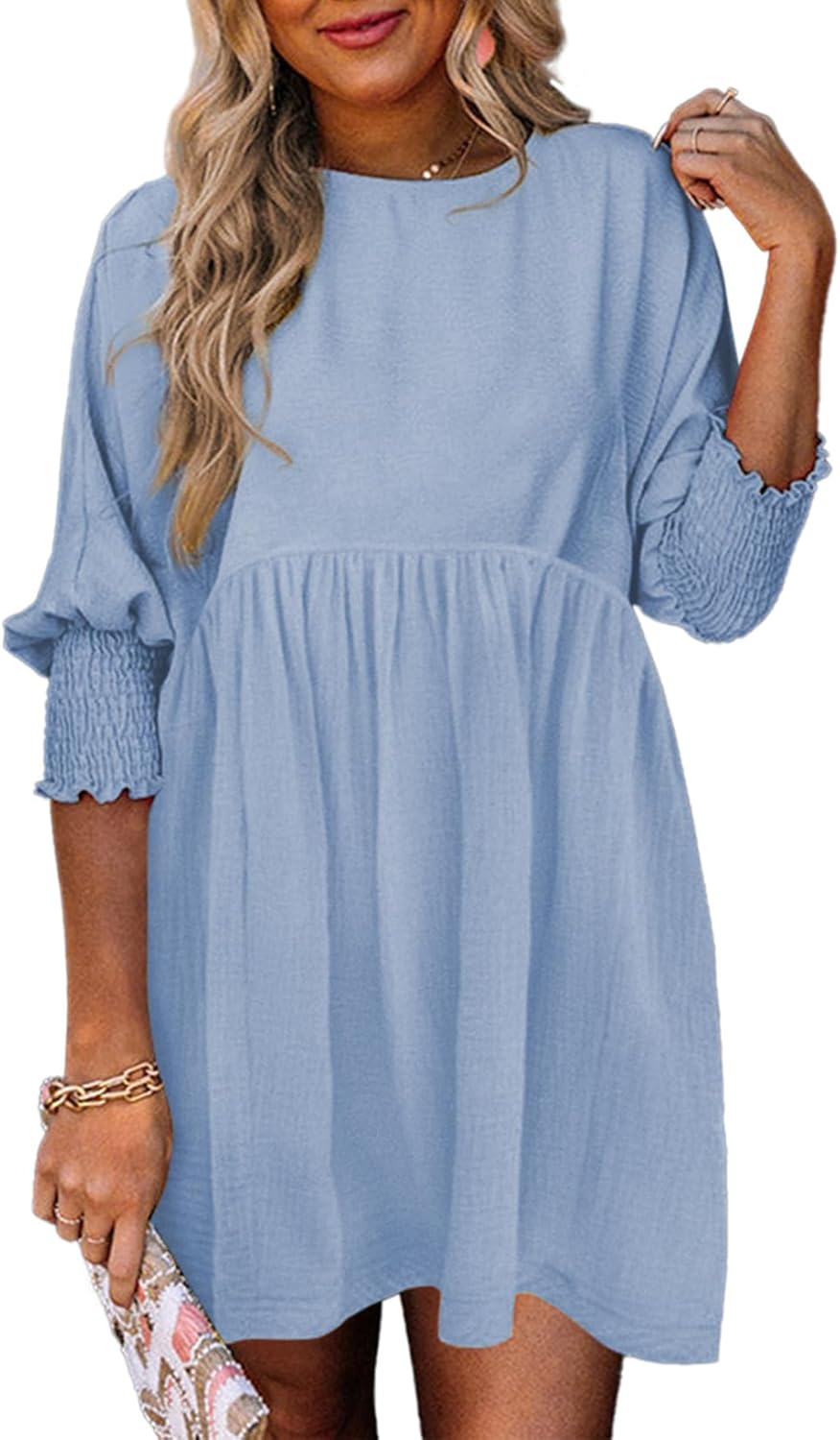 Dokotoo Womens Casual Dresses Empire Waist 3/4 Sleeve Crew Neck Flowy Babydoll Mini Dress