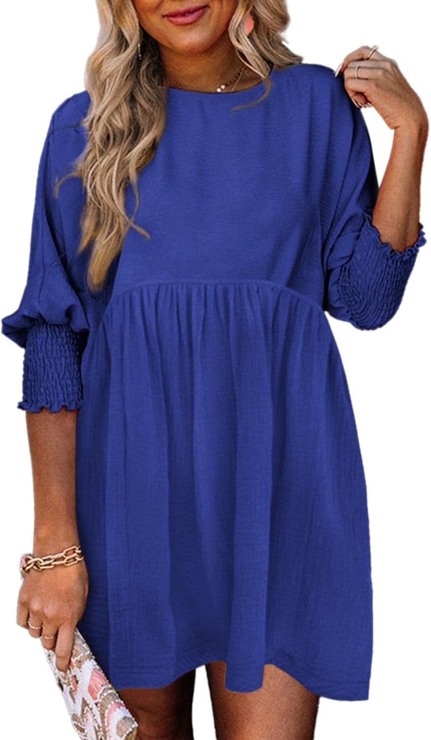 Dokotoo Womens Casual Dresses Empire Waist 3/4 Sleeve Crew Neck Flowy Babydoll Mini Dress
