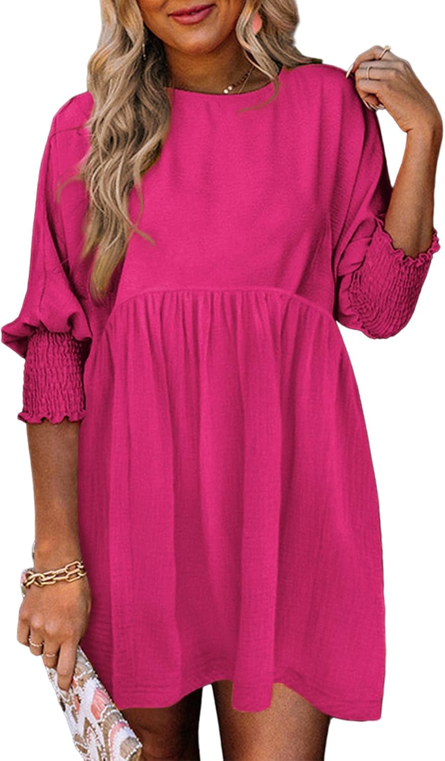 Dokotoo Womens Casual Dresses Empire Waist 3/4 Sleeve Crew Neck Flowy Babydoll Mini Dress