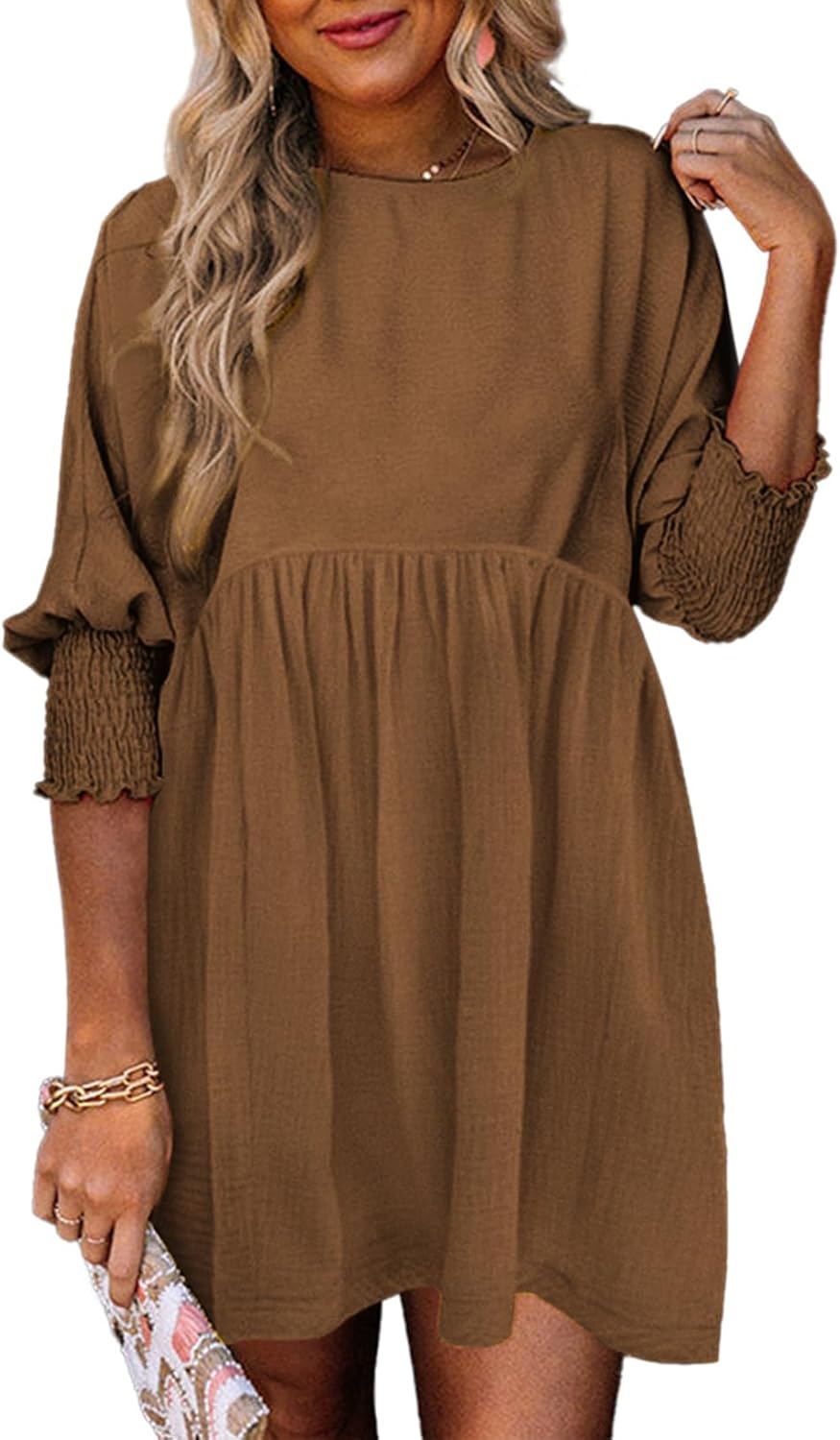 Dokotoo Womens Casual Dresses Empire Waist 3/4 Sleeve Crew Neck Flowy Babydoll Mini Dress