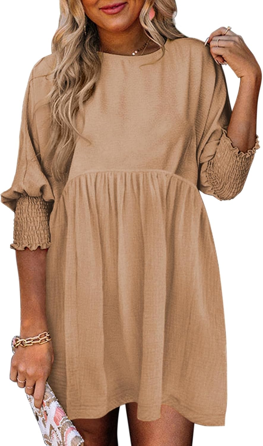 Dokotoo Womens Casual Dresses Empire Waist 3/4 Sleeve Crew Neck Flowy Babydoll Mini Dress