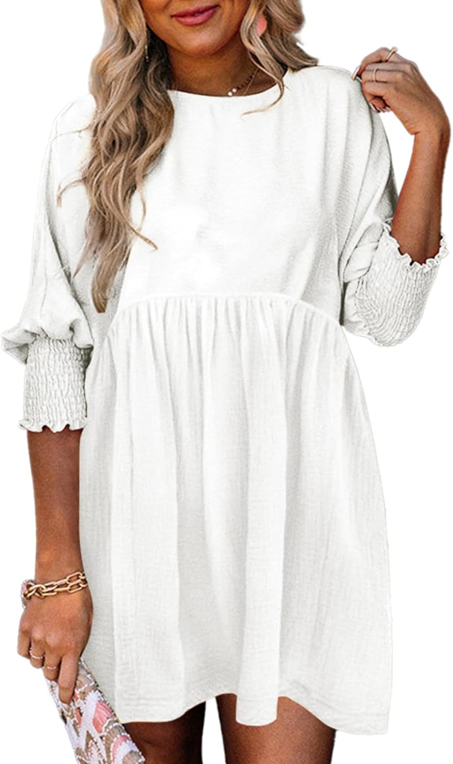 Dokotoo Womens Casual Dresses Empire Waist 3/4 Sleeve Crew Neck Flowy Babydoll Mini Dress