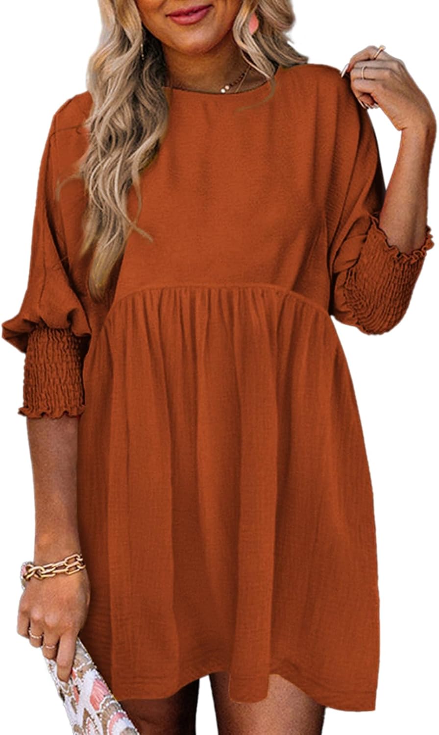 Dokotoo Womens Casual Dresses Empire Waist 3/4 Sleeve Crew Neck Flowy Babydoll Mini Dress
