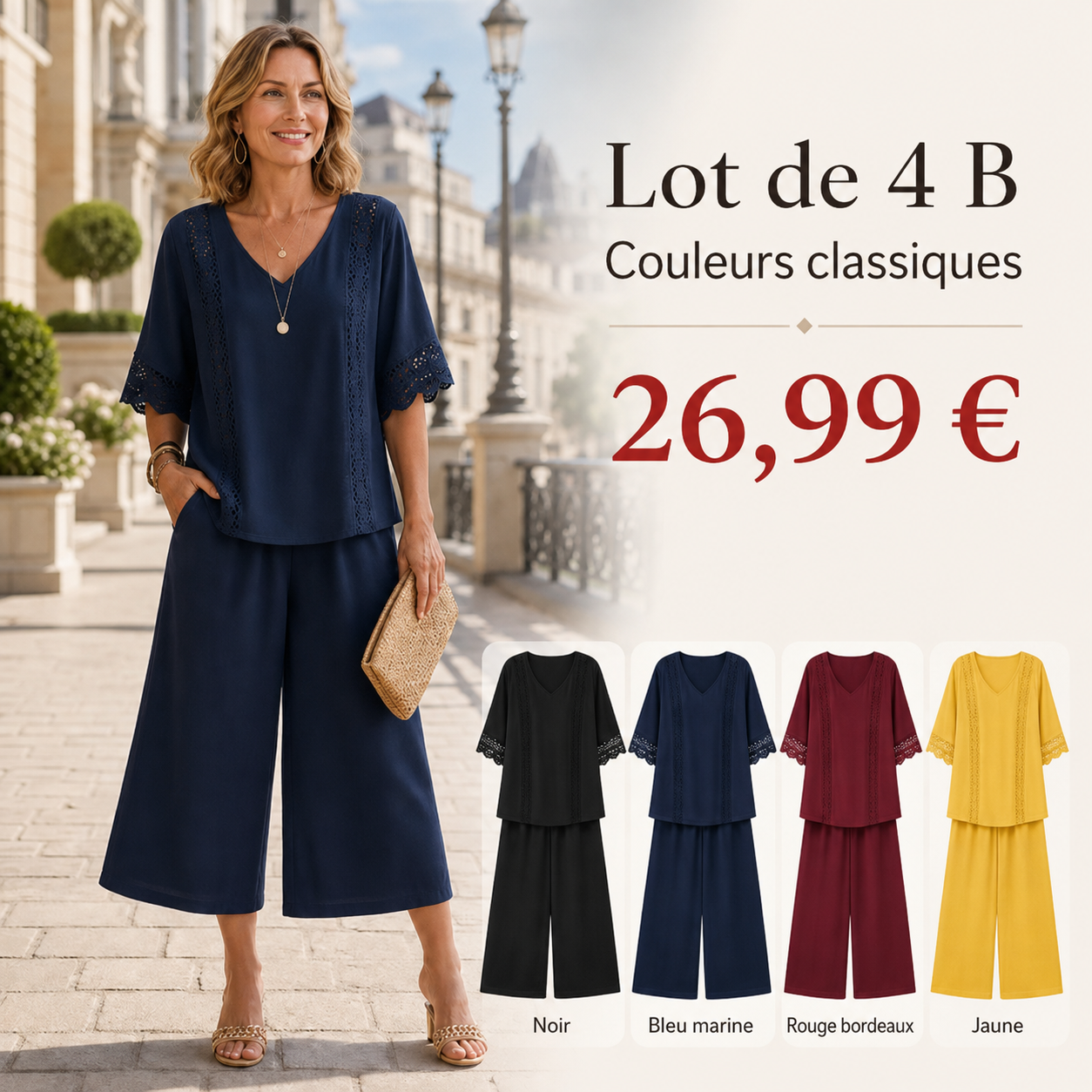 FR -8 ensembles deux pièces pour seulement 32,99 €-Ensemble deux pièces pour femme avec garniture en dentelle et pantalon large