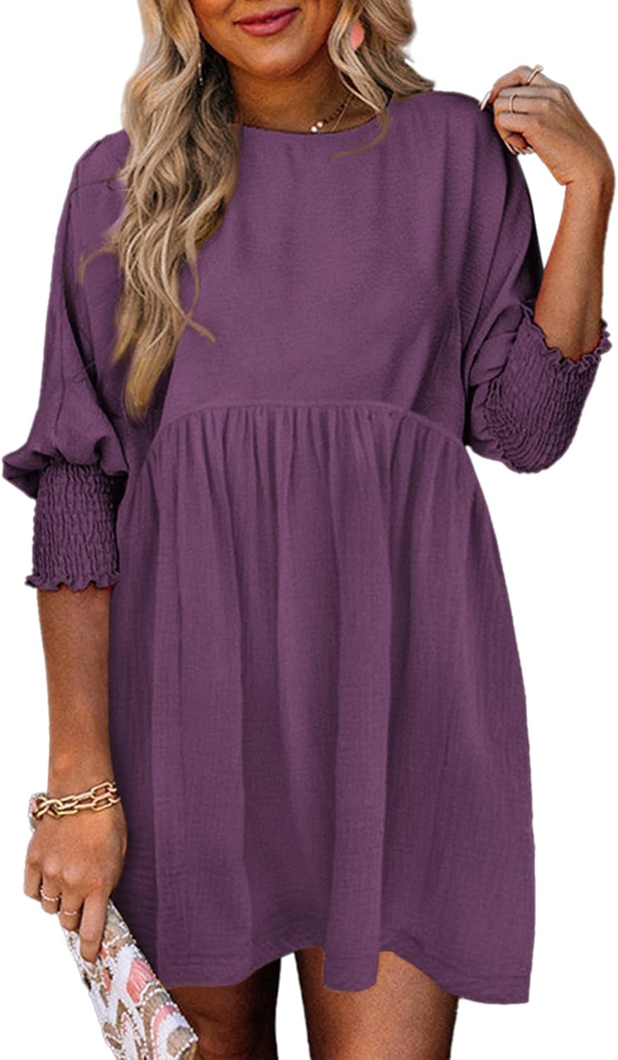 Dokotoo Womens Casual Dresses Empire Waist 3/4 Sleeve Crew Neck Flowy Babydoll Mini Dress