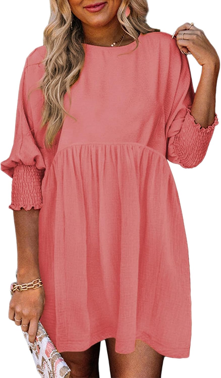 Dokotoo Womens Casual Dresses Empire Waist 3/4 Sleeve Crew Neck Flowy Babydoll Mini Dress