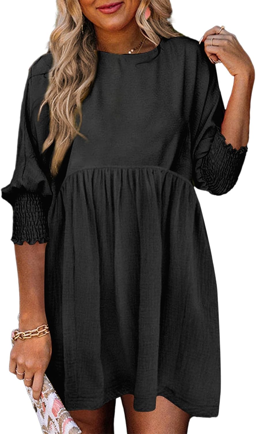 Dokotoo Womens Casual Dresses Empire Waist 3/4 Sleeve Crew Neck Flowy Babydoll Mini Dress