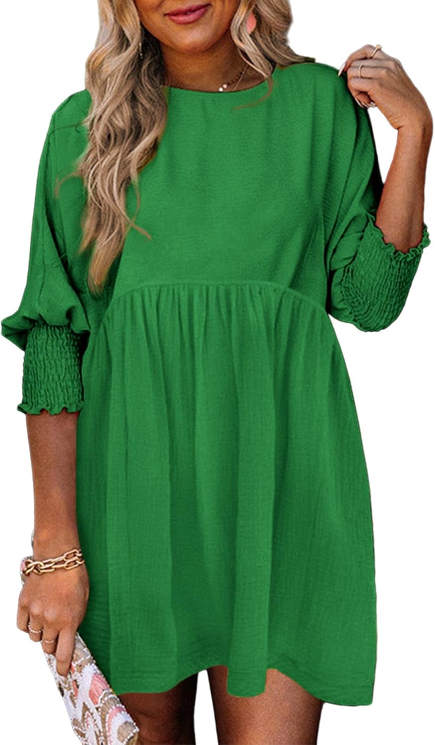 Dokotoo Womens Casual Dresses Empire Waist 3/4 Sleeve Crew Neck Flowy Babydoll Mini Dress