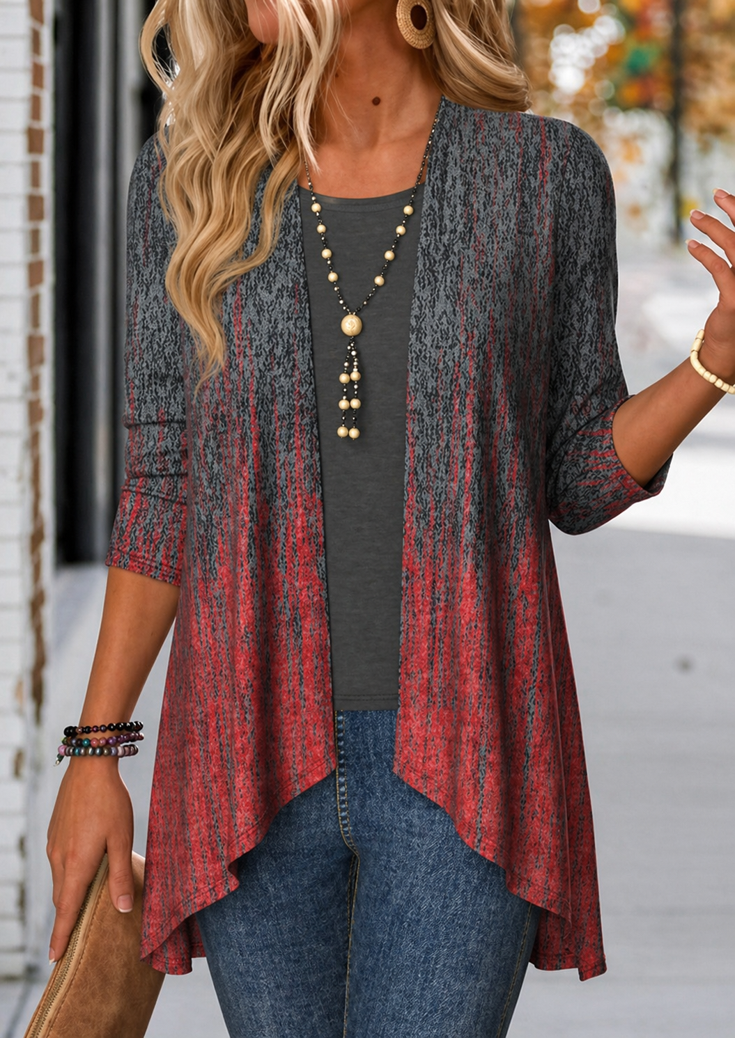 Tops For Women ROTITA PatchworkGeometric Print Long Sleeve Light Cardigan