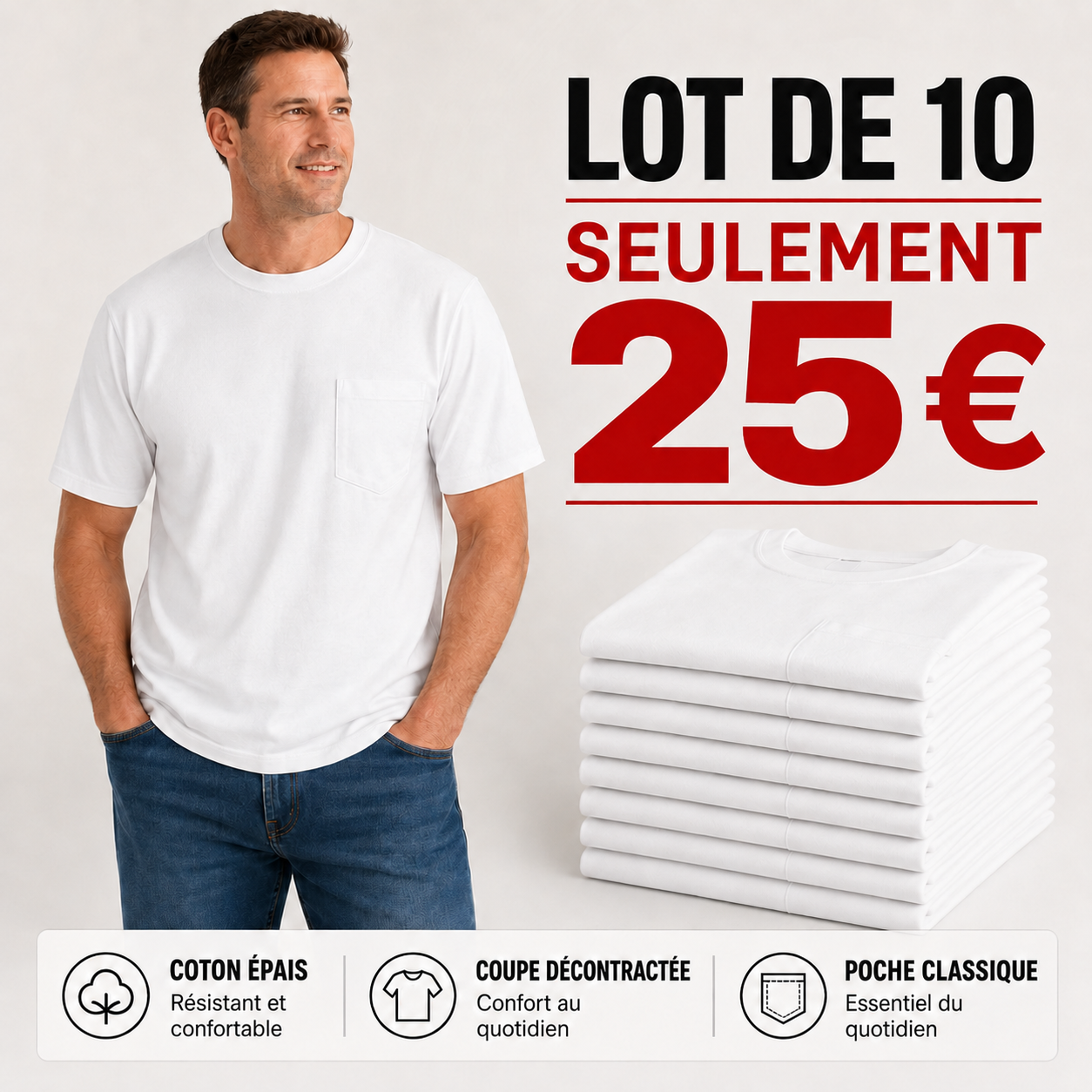 🔥T-shirt homme en coton épais avec poche – Coupe décontractée, idéal au quotidien | Grandes tailles disponibles