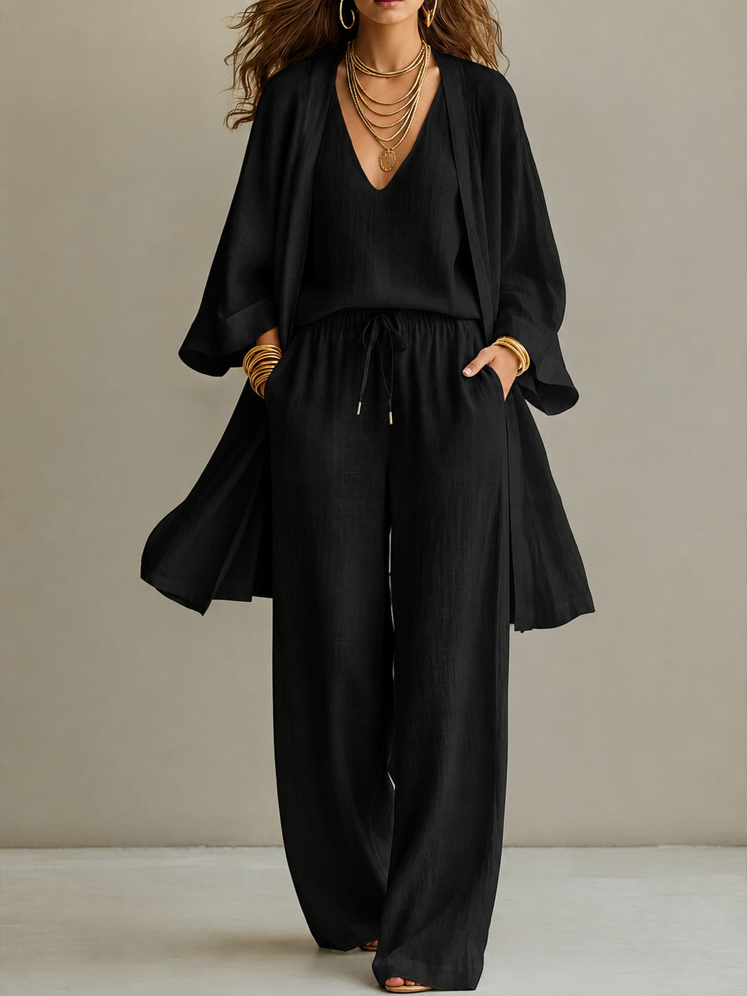Women's Minimalist Cotton And Linen Wide-leg Pants Three-piece Set
