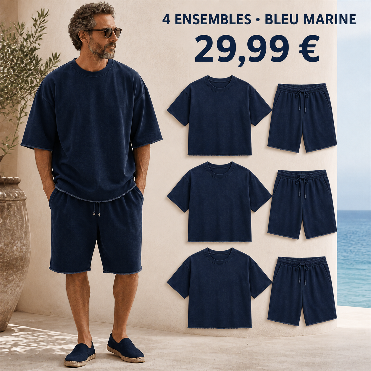 OFFRE FINALE - Lot de 8 a seulement 39,99 € - Ensemble homme avec t-shirt ample et short a cordon aux bords francs
