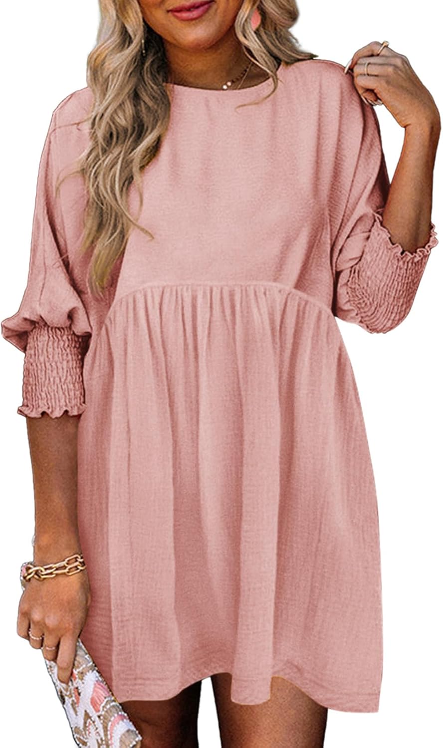Dokotoo Womens Casual Dresses Empire Waist 3/4 Sleeve Crew Neck Flowy Babydoll Mini Dress