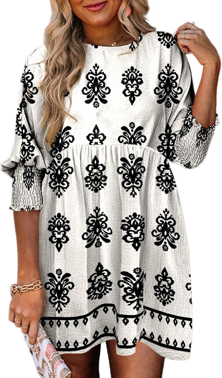 Dokotoo Womens Casual Dresses Empire Waist 3/4 Sleeve Crew Neck Flowy Babydoll Mini Dress