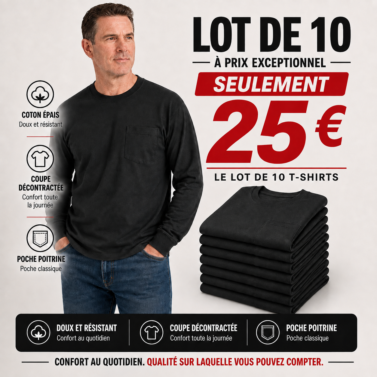 🔥T-shirt homme en coton épais avec poche – Coupe décontractée, idéal au quotidien | Grandes tailles disponibles