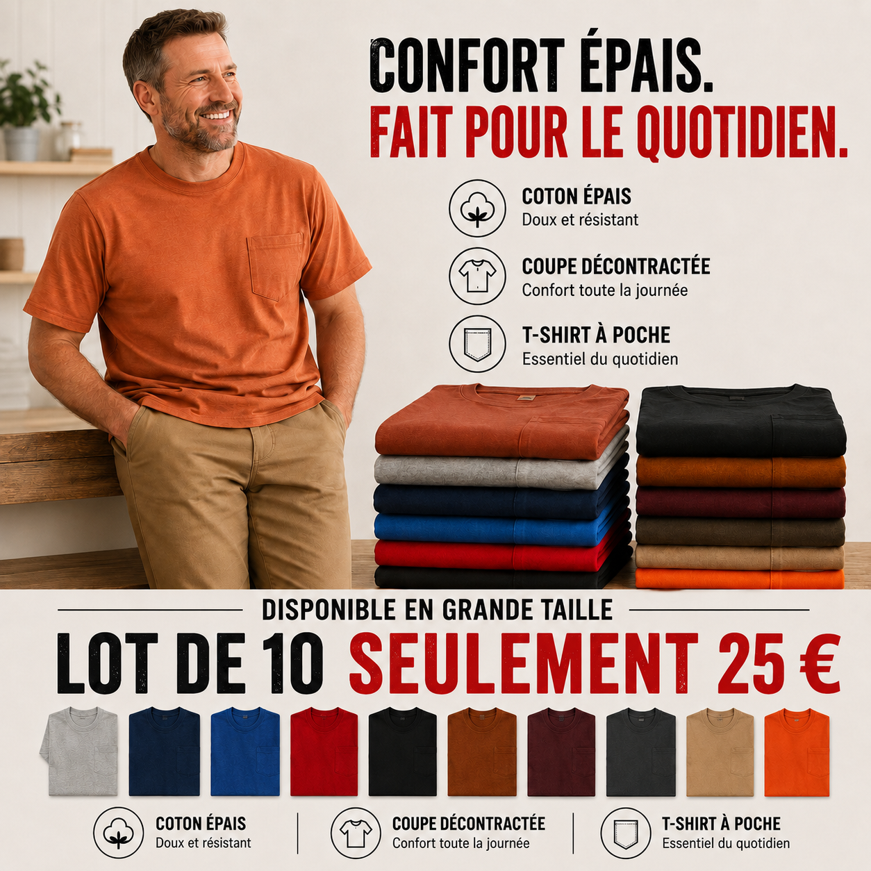 🔥T-shirt homme en coton épais avec poche – Coupe décontractée, idéal au quotidien | Grandes tailles disponibles