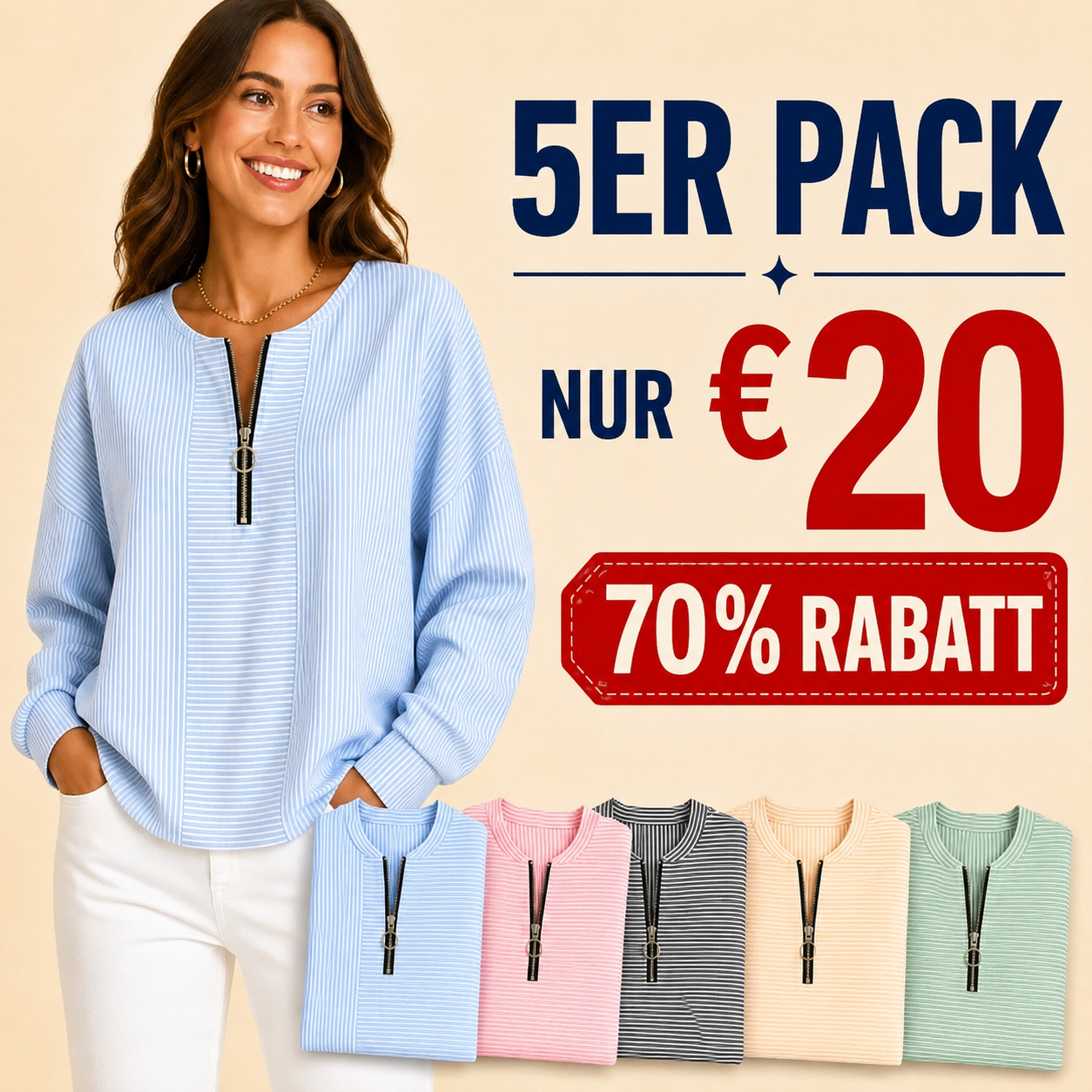 ⏰ Räumungsverkauf wegen Geschäftsaufgabe ⚡ 10er-Pack für 28 € ⚡ Gestreifter Damen-Pullover mit Reißverschluss am Kragen