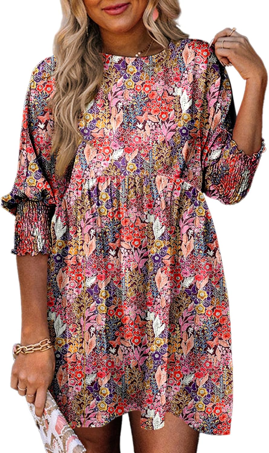 Dokotoo Womens Casual Dresses Empire Waist 3/4 Sleeve Crew Neck Flowy Babydoll Mini Dress