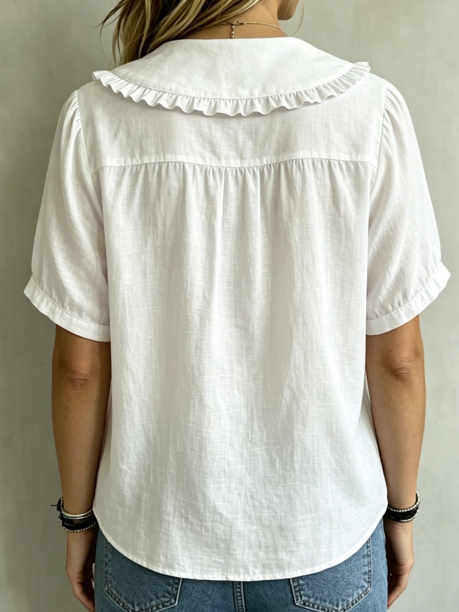 8 Pack Only$32.99-🔥 Women's Ruffle Trim Collared Button-Up Short Sleeve Shirt