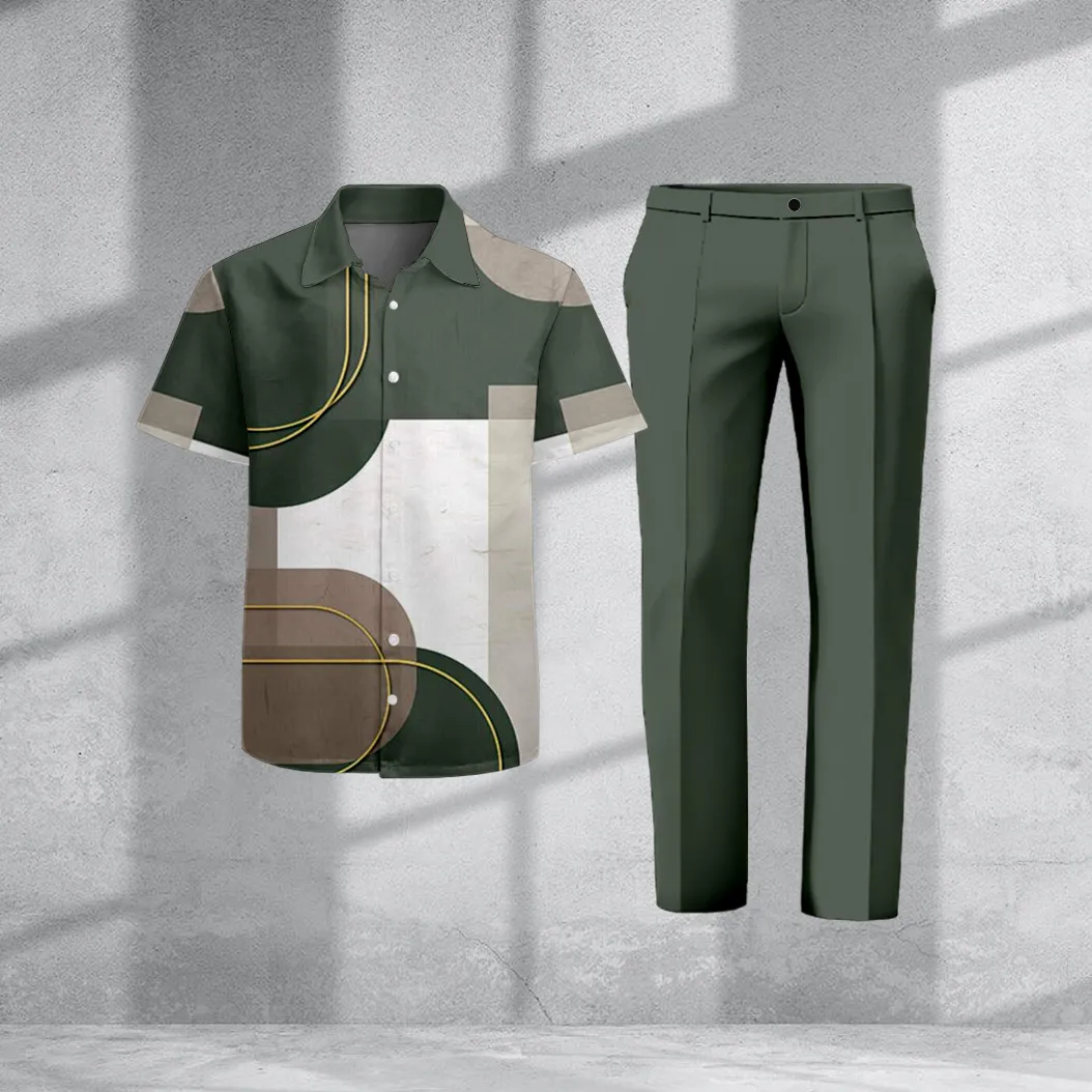 Men's Casual Retro Print Polo Collar Zipper Short-Sleeve Pants Two-Piece Set