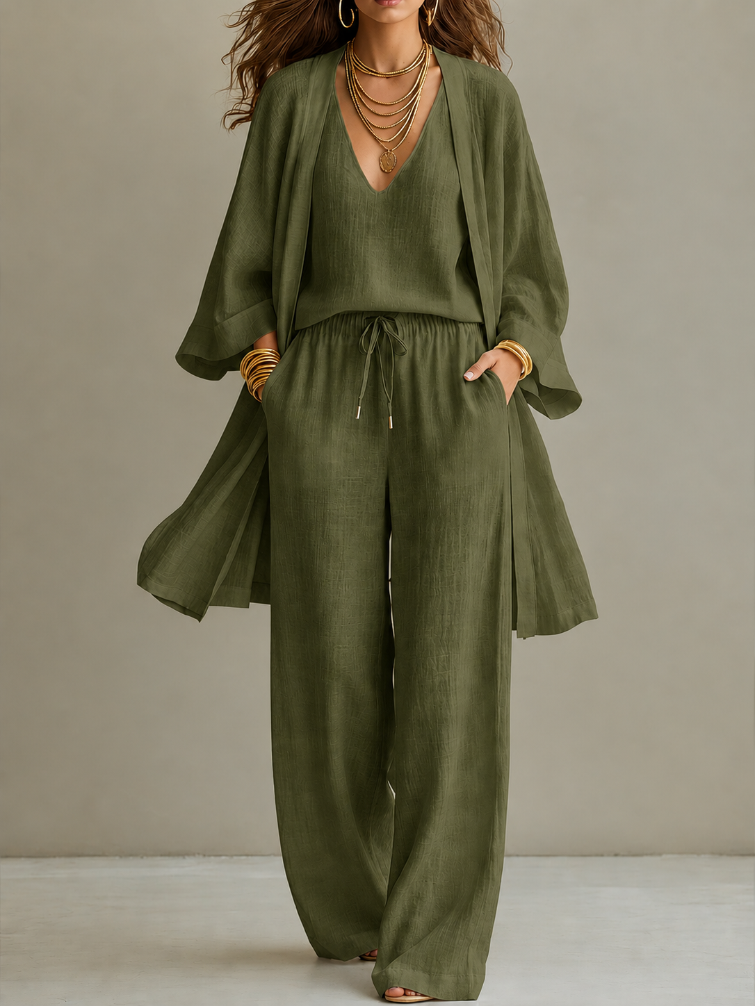 Women's Minimalist Cotton And Linen Wide-leg Pants Three-piece Set