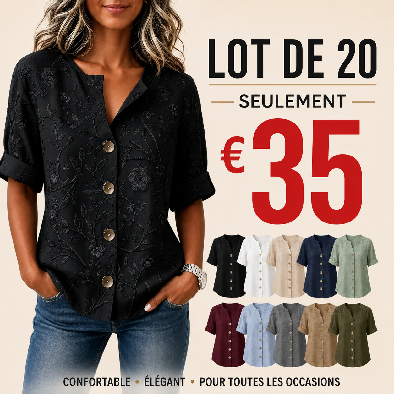 ⏰Liquidation avant fermeture du magasin⚡Lot de 10 pour 28 €⚡Chemise boutonnée à fleurs en relief pour femme
