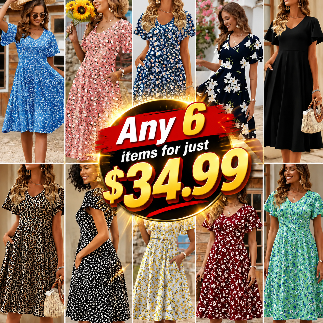 Womens Summer Dress Casual Swing Floral Ruffle Short Sleeve Sundresses Beach Mini A-Line Shift Dress