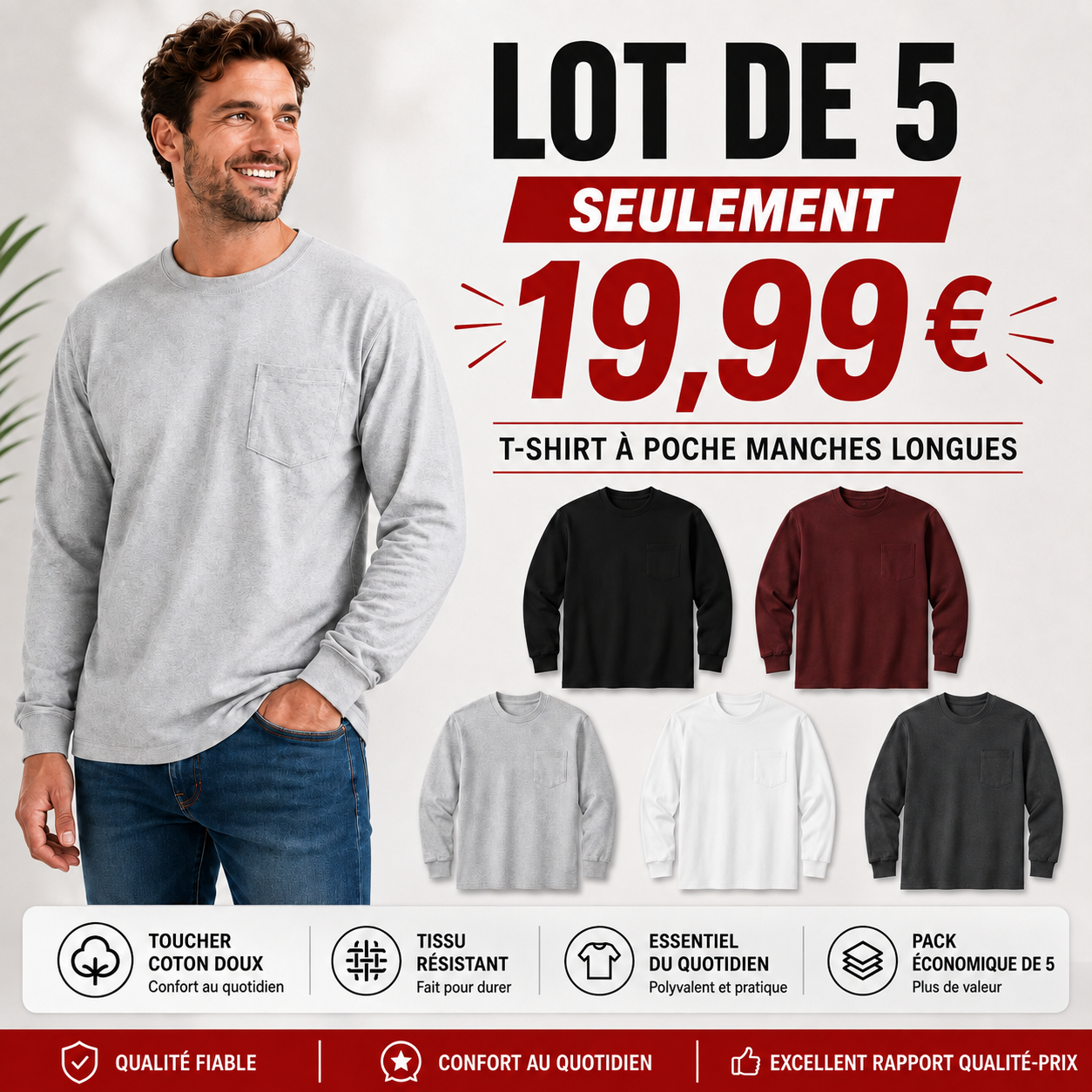 🔥T-shirt homme en coton épais avec poche – Coupe décontractée, idéal au quotidien | Grandes tailles disponibles