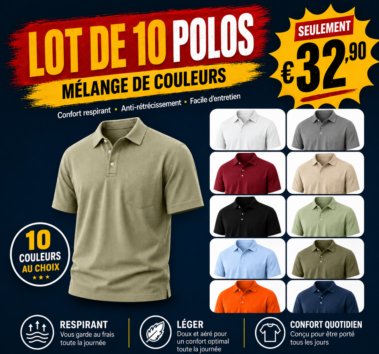 FR Soldes saisonnières 🔥 Lot de 10 polos texturés légers pour homme à seulement 32,90 € – Haut à manches courtes, style décontracté chic