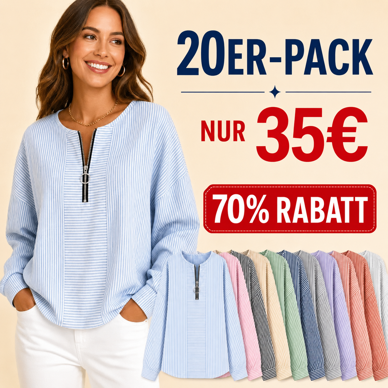 ⏰ Räumungsverkauf wegen Geschäftsaufgabe ⚡ 10er-Pack für 28 € ⚡ Gestreifter Damen-Pullover mit Reißverschluss am Kragen