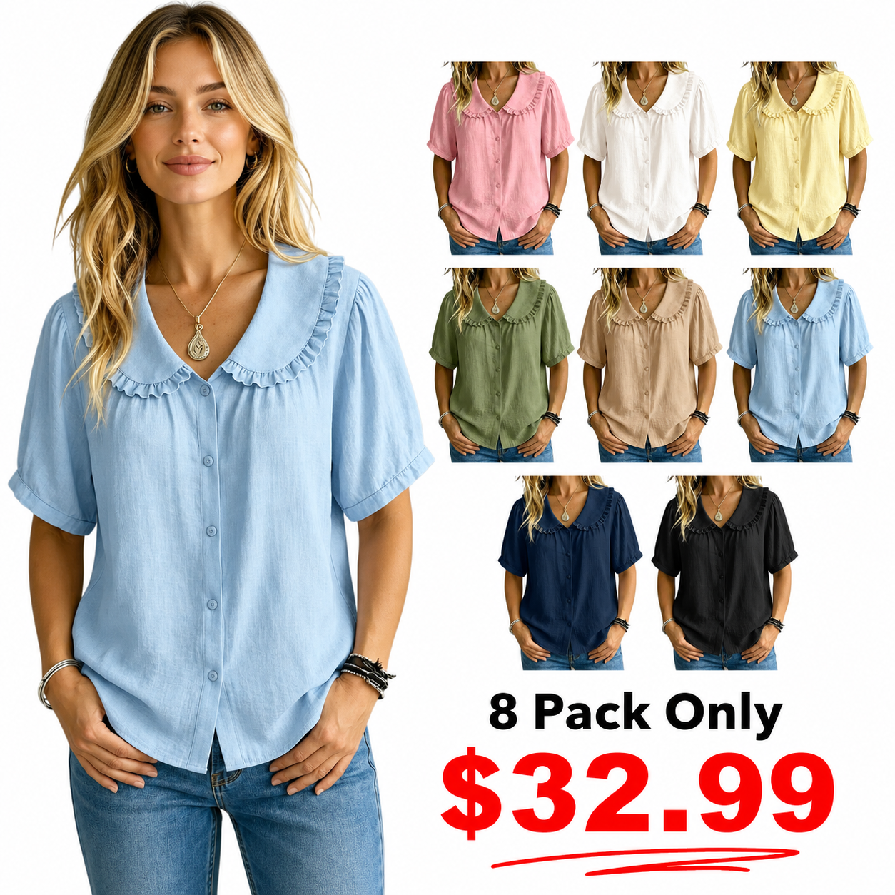 8 Pack Only$32.99-🔥 Women's Ruffle Trim Collared Button-Up Short Sleeve Shirt