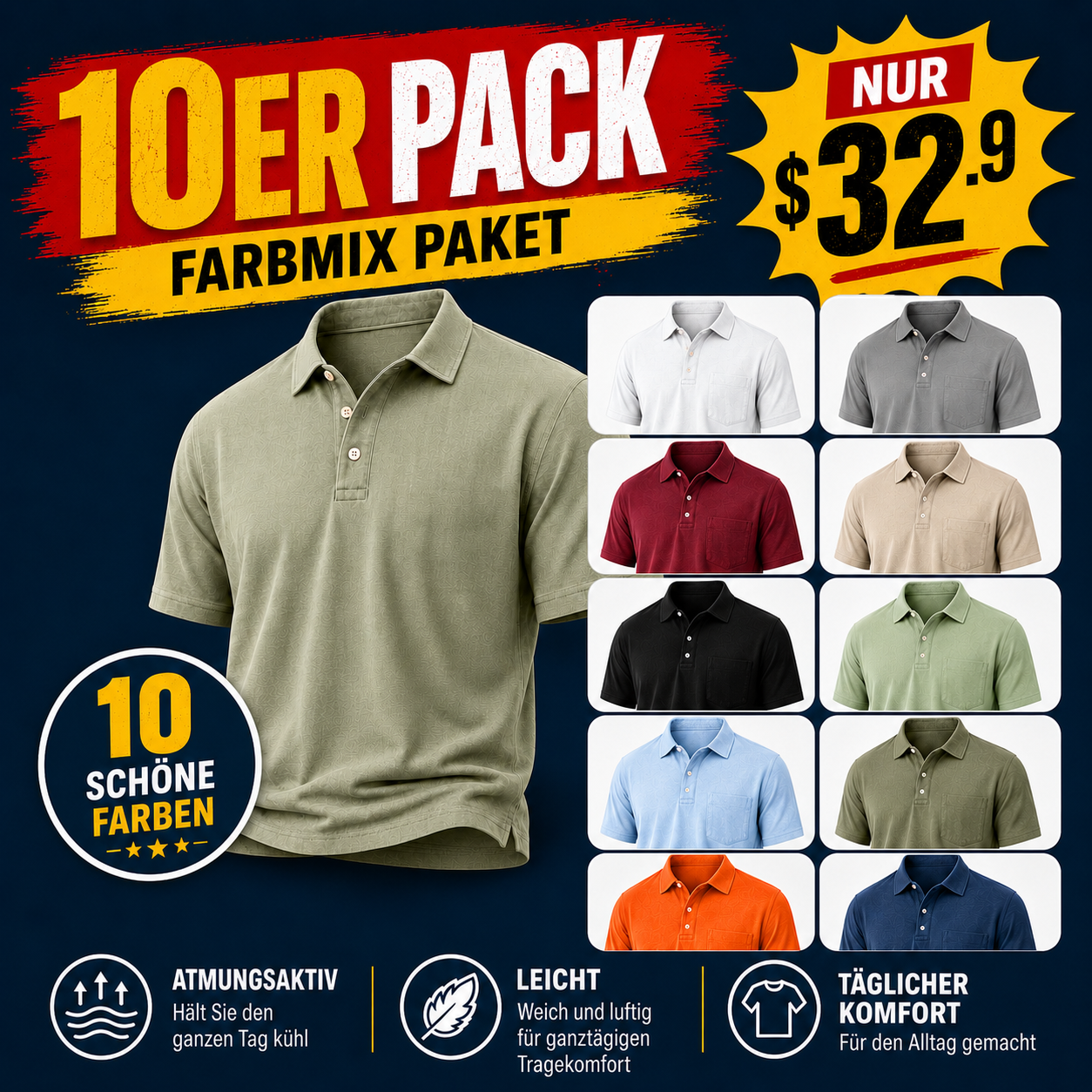 ⏰Saisonaler Räumungsverkauf🔥10er-Pack für nur 32,90 $ – Leichtes Polo-Shirt mit Struktur für Herren – Kurzärmeliges Smart-Casual-Oberteil