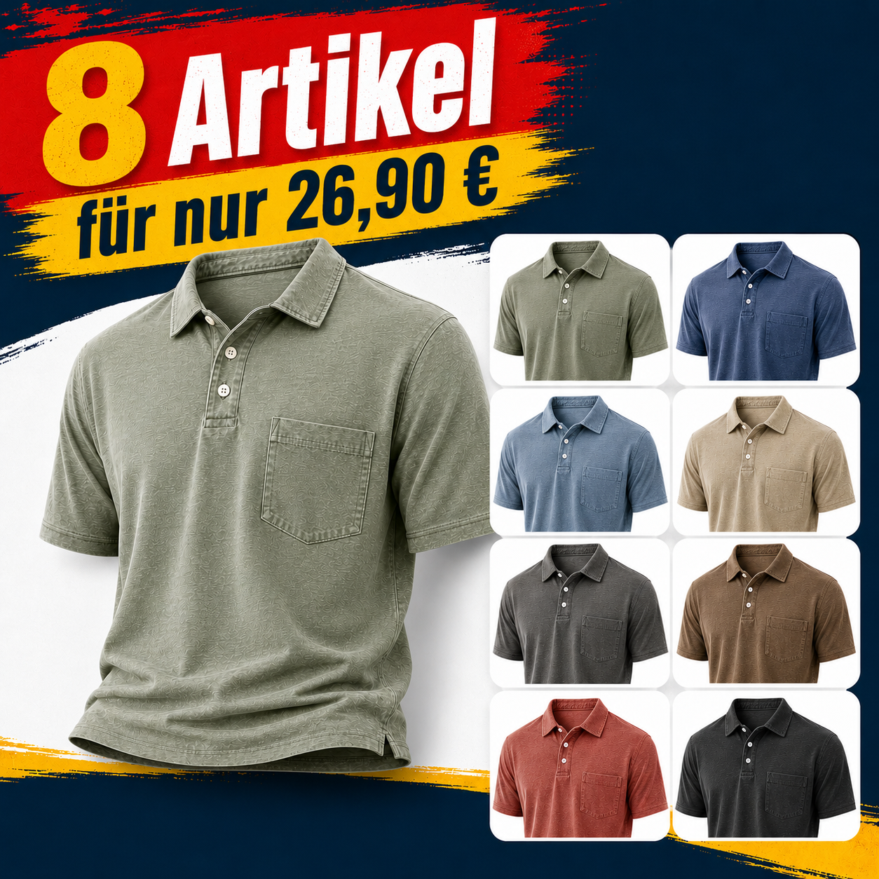 Limitierter Deal: 16er-Pack nur 37,99 € - Herren Poloshirts aus gewaschener Baumwollmischung, leicht, atmungsaktiv, lockere Passform mit 3-Knopf-Leiste