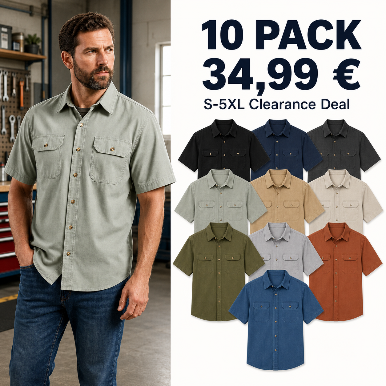 ❉⏰ENDVERKAUF ⚡10er-Pack nur 34,99 € ⚡Kurzarm-Arbeitshemden für Herren