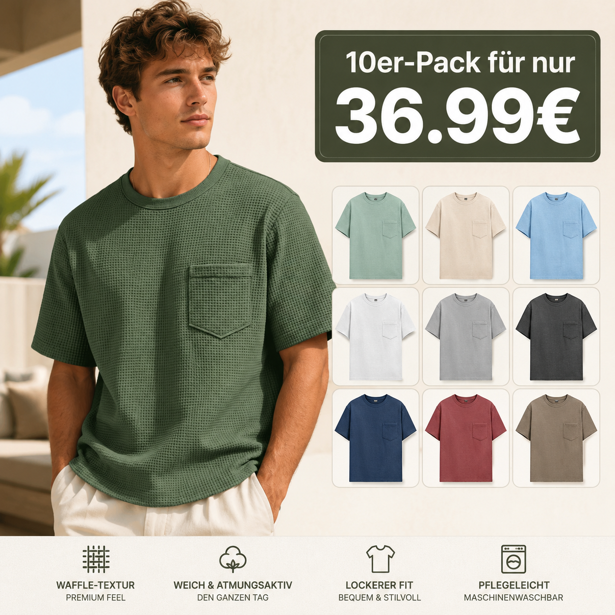 MannStil Premium Herren Waffel-T-Shirt – Lockerer Sitz & Atmungsaktiv