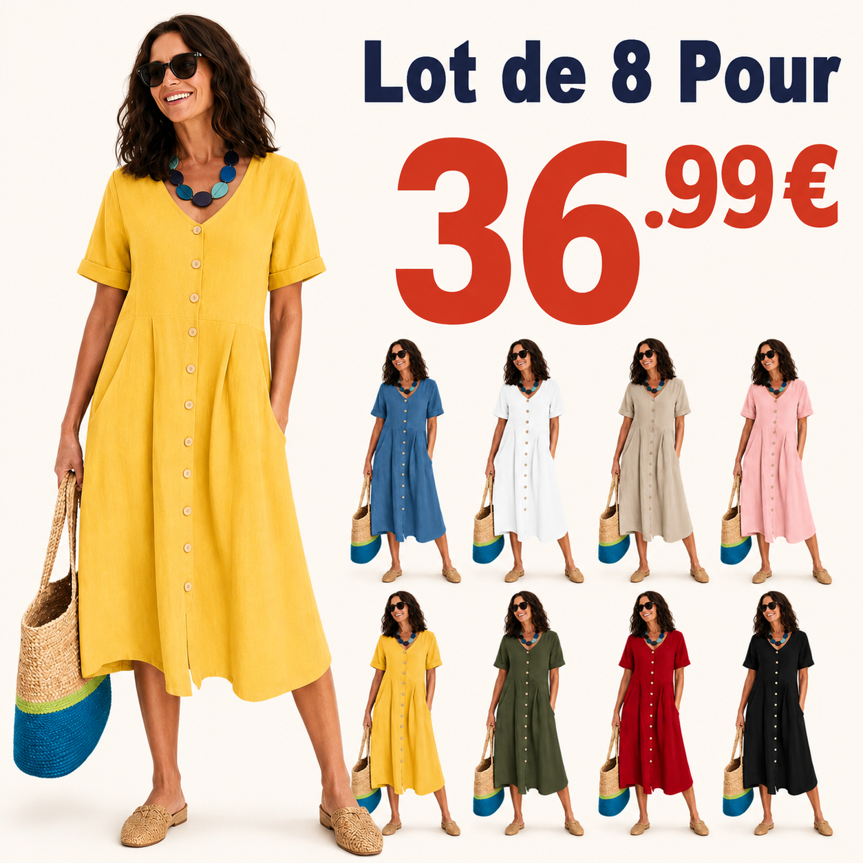⏰ Soldes finales d’été⚡Lot de 8 pour seulement 36,99 €⚡La robe en lin que les Françaises adorent porter tout l’été.