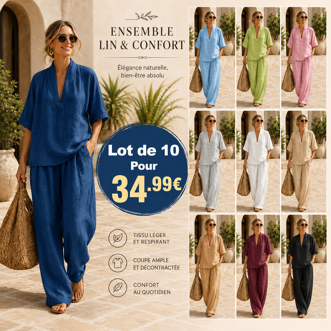 ⏰ Vente de déstockage⚡Lot de 10 à seulement 34,99 $ ⚡ Ensemble deux pièces en lin, décontracté, confortable et minimaliste