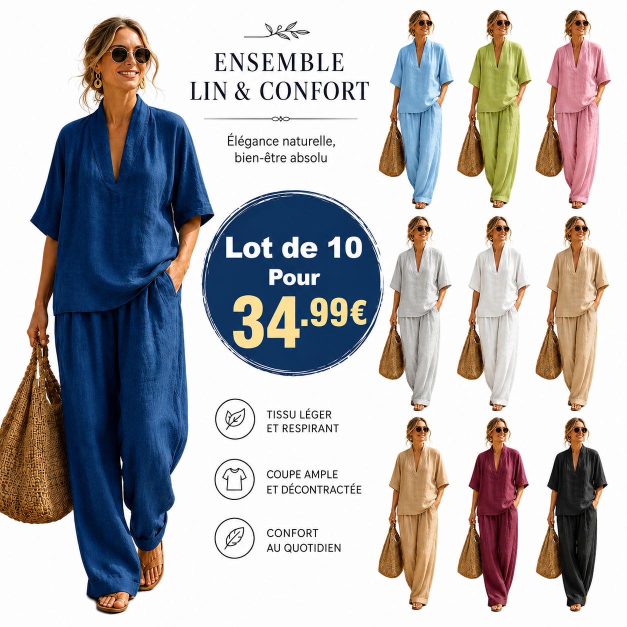 ⏰ Vente de déstockage⚡Lot de 10 à seulement 34,99 $ ⚡ Ensemble deux pièces en lin, décontracté, confortable et minimaliste