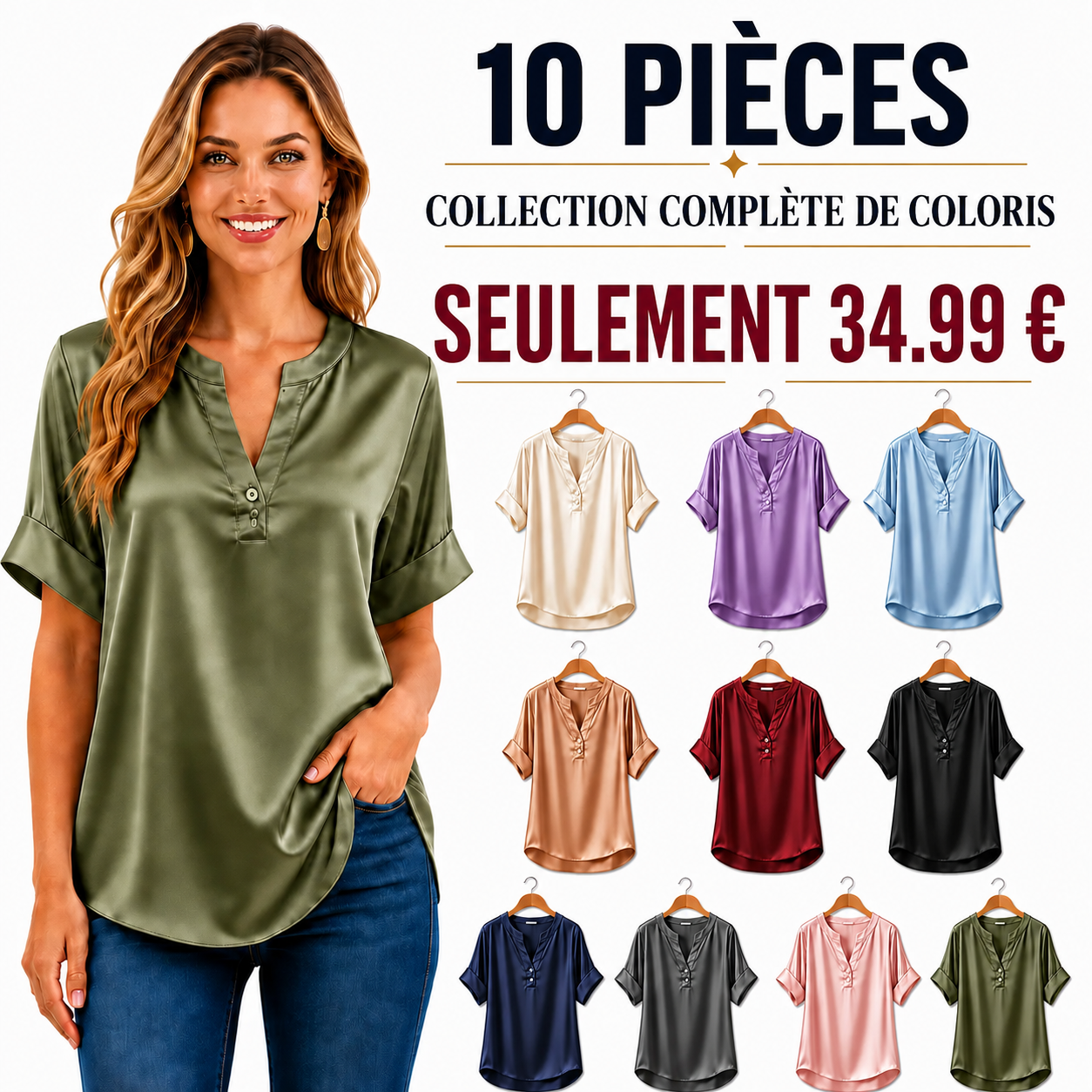 VENTE FINALE – Lot de 10 à seulement 34,99 € – Blouse pour femme effet satin, col en V et manches courtes