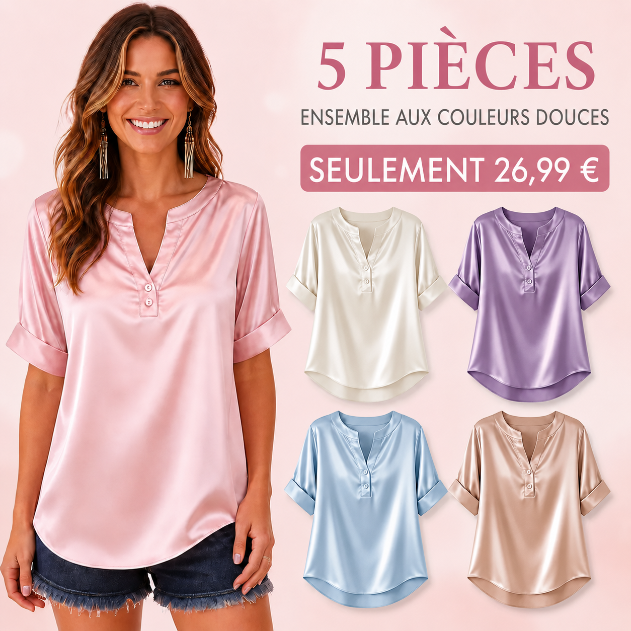 VENTE FINALE – Lot de 10 à seulement 34,99 € – Blouse pour femme effet satin, col en V et manches courtes