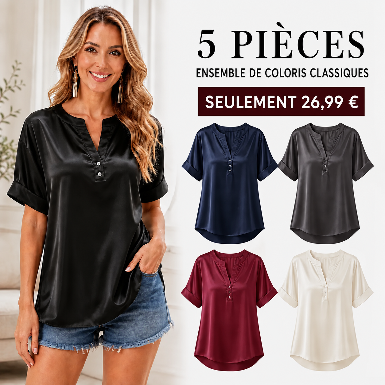 VENTE FINALE – Lot de 10 à seulement 34,99 € – Blouse pour femme effet satin, col en V et manches courtes