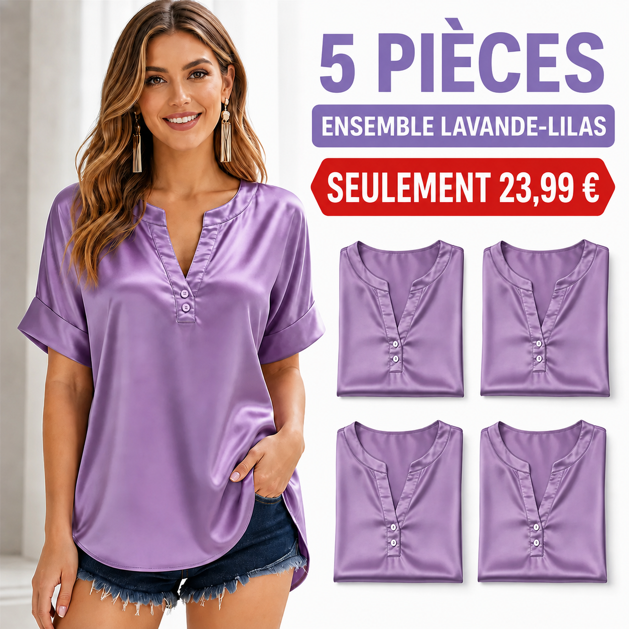VENTE FINALE – Lot de 10 à seulement 34,99 € – Blouse pour femme effet satin, col en V et manches courtes