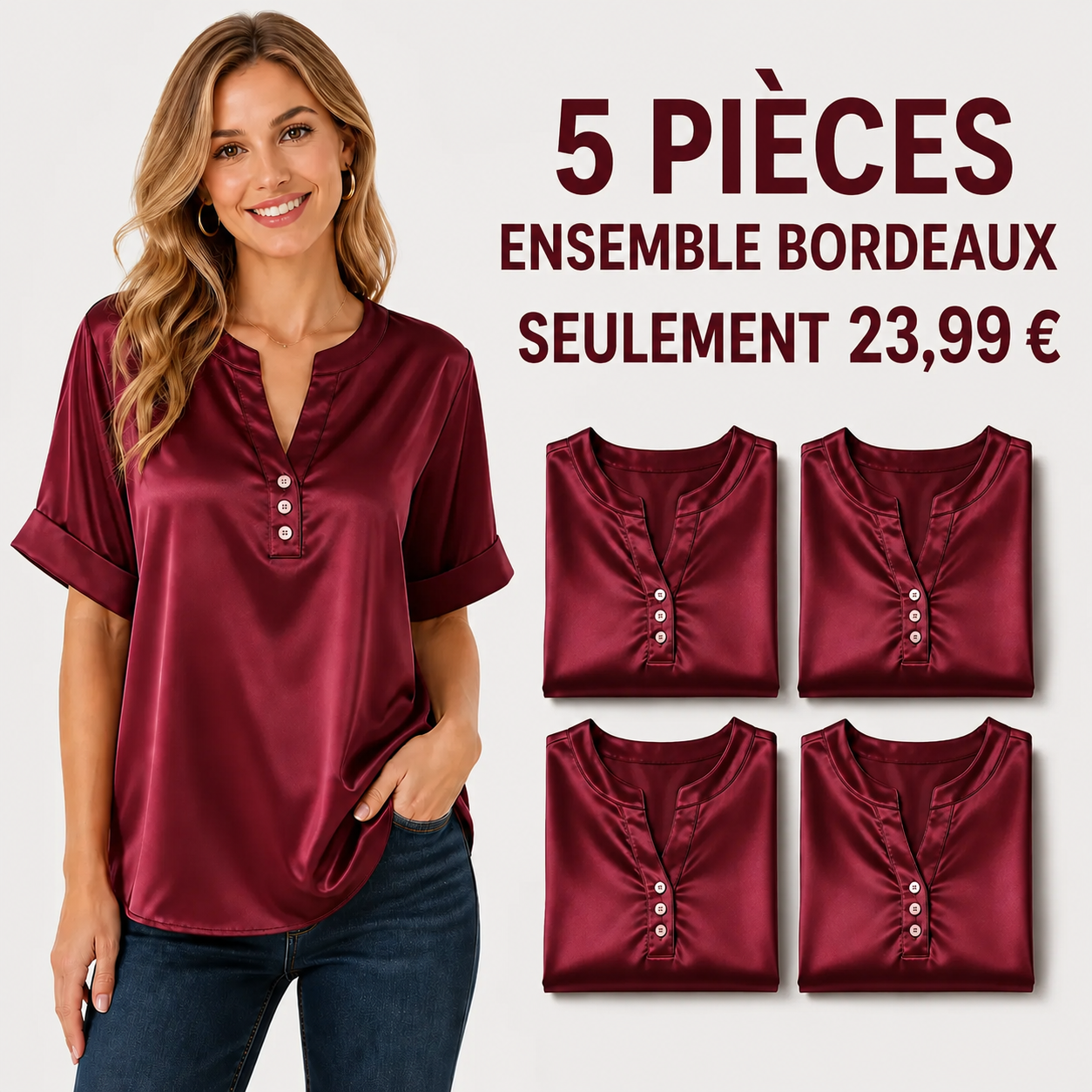 VENTE FINALE – Lot de 10 à seulement 34,99 € – Blouse pour femme effet satin, col en V et manches courtes