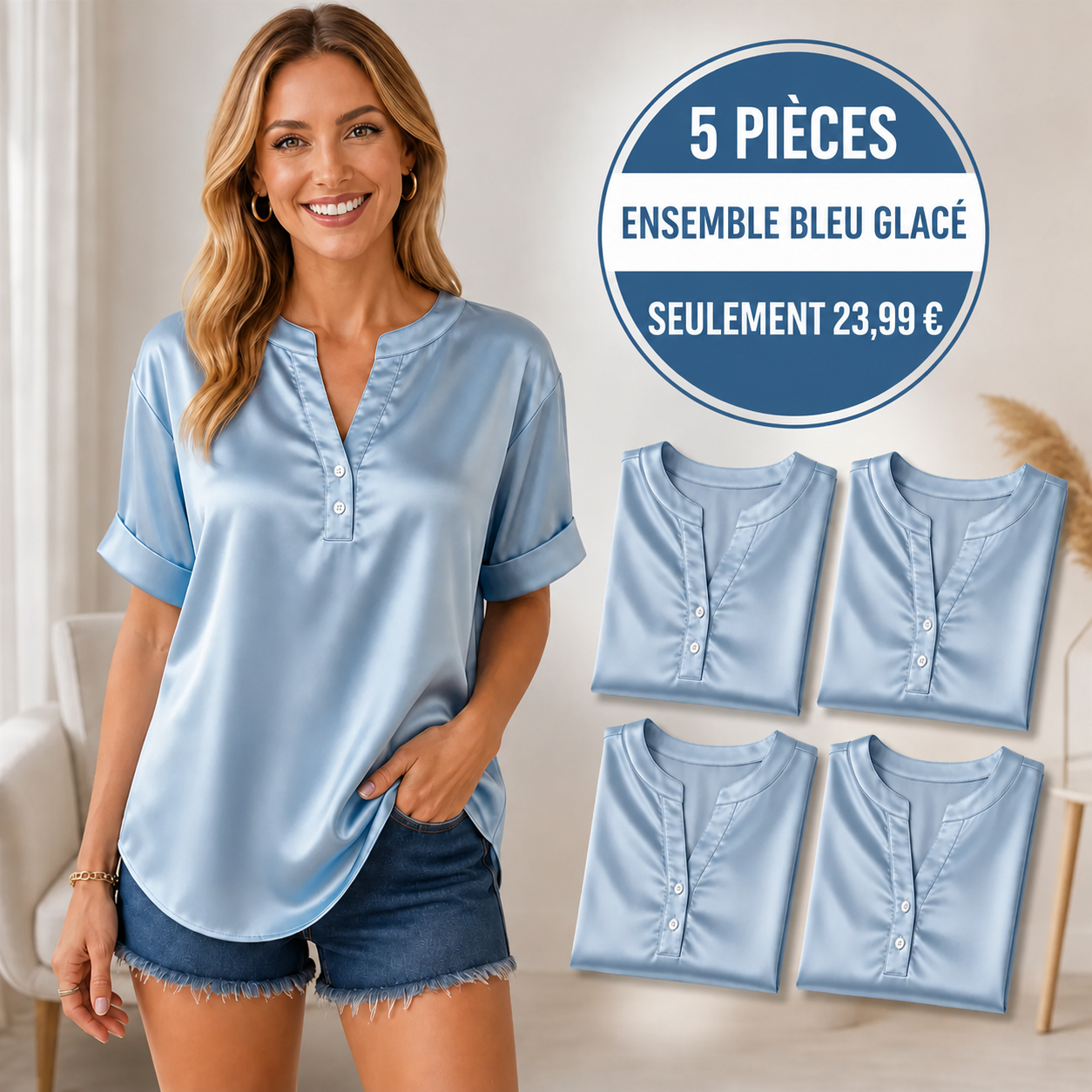 VENTE FINALE – Lot de 10 à seulement 34,99 € – Blouse pour femme effet satin, col en V et manches courtes