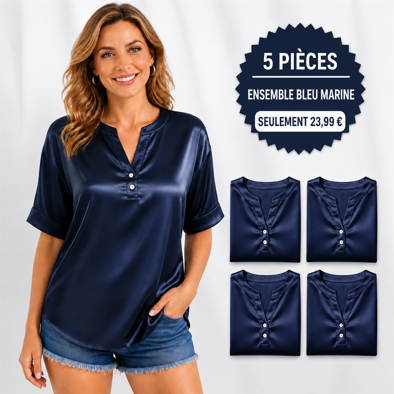 VENTE FINALE – Lot de 10 à seulement 34,99 € – Blouse pour femme effet satin, col en V et manches courtes