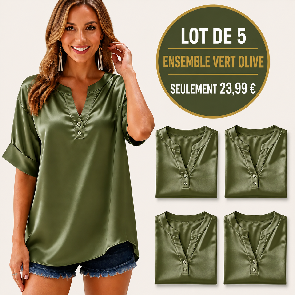 VENTE FINALE – Lot de 10 à seulement 34,99 € – Blouse pour femme effet satin, col en V et manches courtes