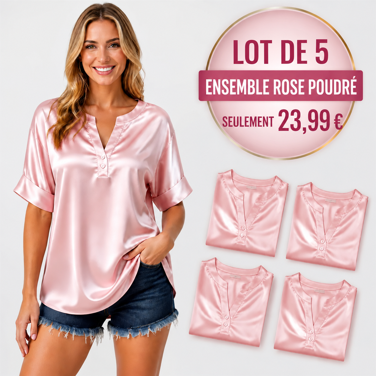 VENTE FINALE – Lot de 10 à seulement 34,99 € – Blouse pour femme effet satin, col en V et manches courtes
