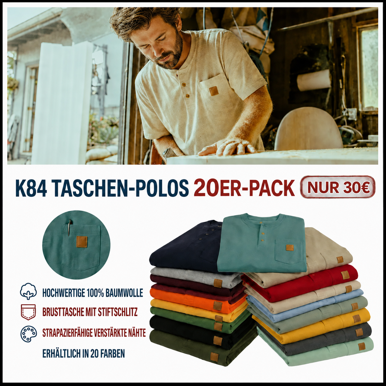Schweres Arbeits-Poloshirt für Herren mit Brusttasche