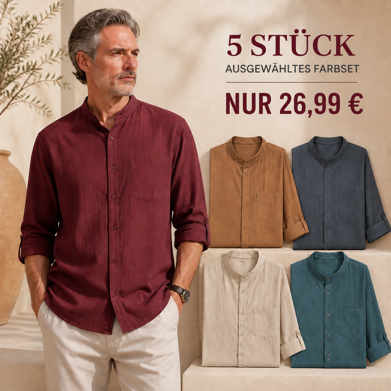 FINAL CLEARANCE - 10-Pack Only $34.99 - Men's Relaxed Mandarin-Collar Three-Quarter-Sleeve Button-Front Shirt