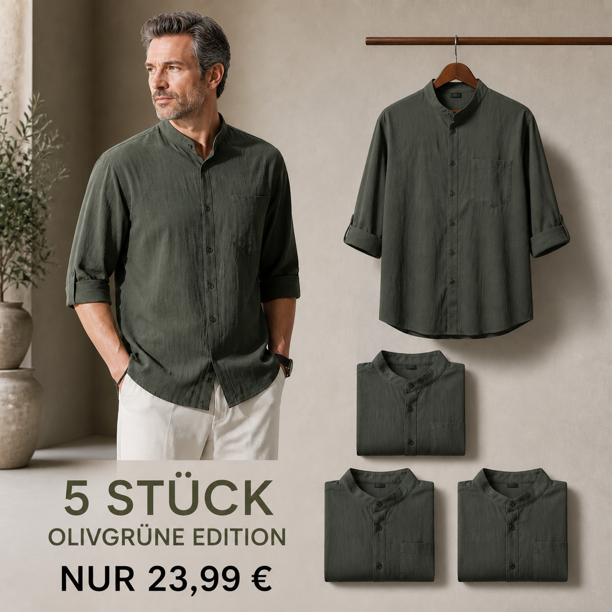 FINAL CLEARANCE - 10-Pack Only $34.99 - Men's Relaxed Mandarin-Collar Three-Quarter-Sleeve Button-Front Shirt